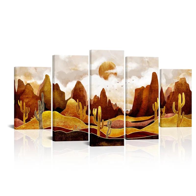 

5 Pieces Abstract Scenery Wall Decor Canvas Painting Mountain and Cactus Print Poster Modern Style Picture Living Room Wall Art