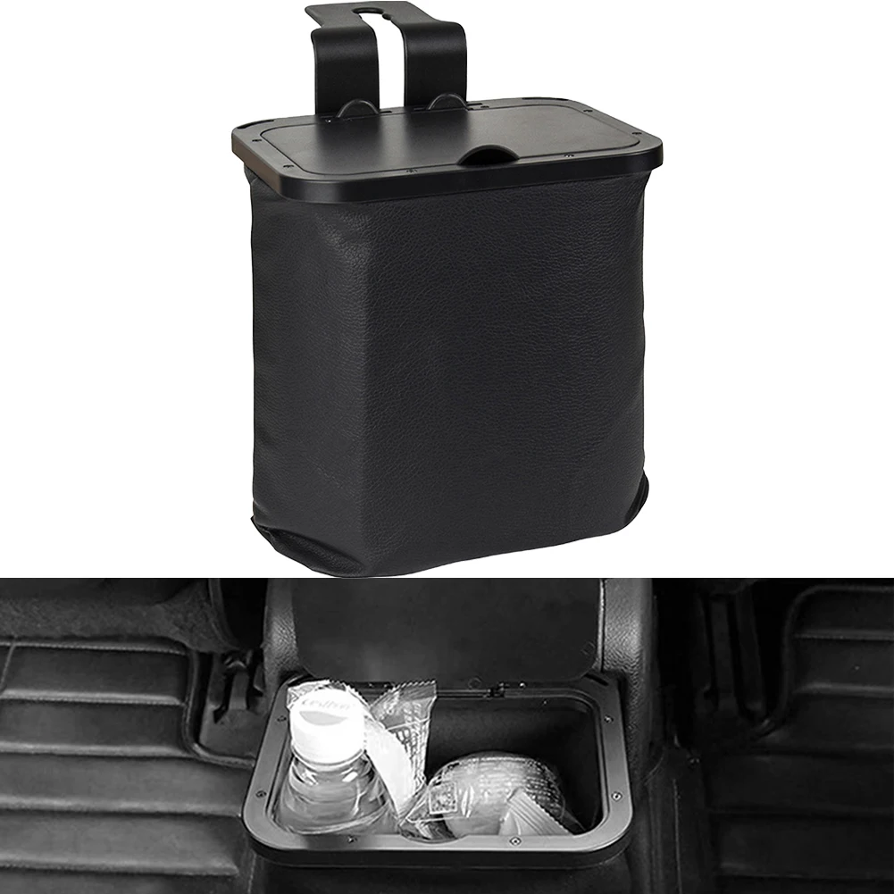 

1x Car Waterproof Trash Bin Garbage Can Storage Bag Organizer Box + Hooks Black ABS+Leather Universal Interior Accessories