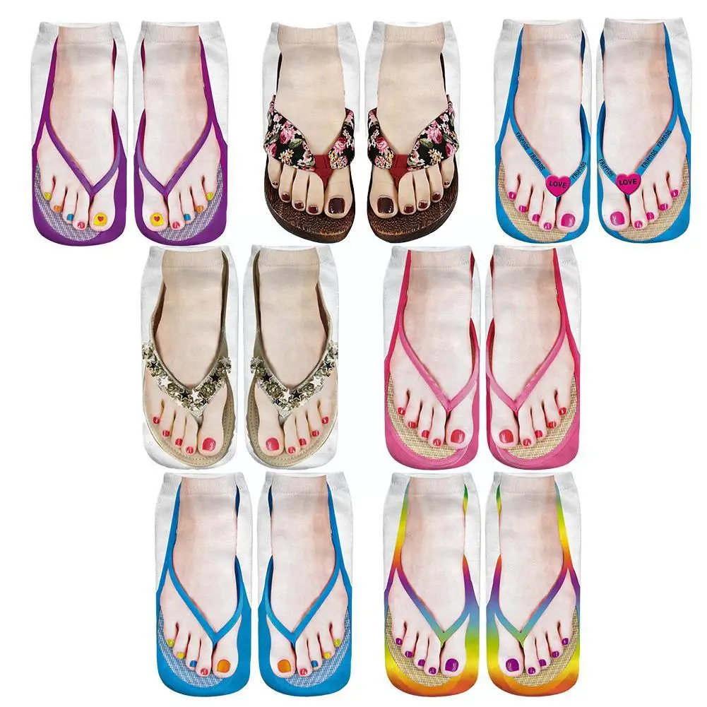 1 Pair 3D Printing Pattern Flip Flop Socks Funny Socks for Women Flip-flop Ankle Low Cut Floor Hosiery Novelty Gifts