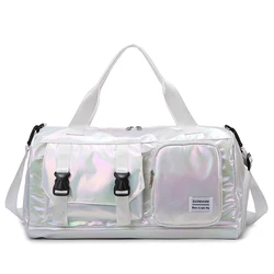 Holographic Glamour Duffel Bag - Stylish Shoulder Tote with Shoe Compartment (White)