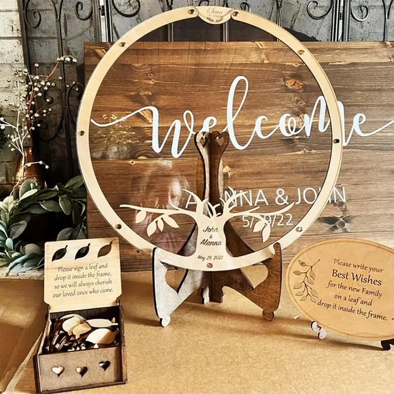 

Wooden Sweet Heart-shaped Wedding Guest Book 3D Engraved Transparent Guestbook Guest Welcome Card for Sweet Wedding Decoration
