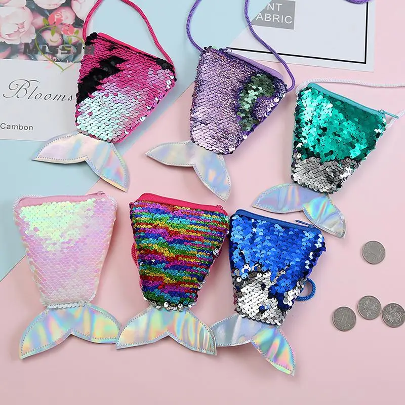 For Kids Gifts Girls Mermaid Tail Sequins Coin Purse Crossbody Bags Sling Money Change Card Holder Wallet Purse Bag Pouch