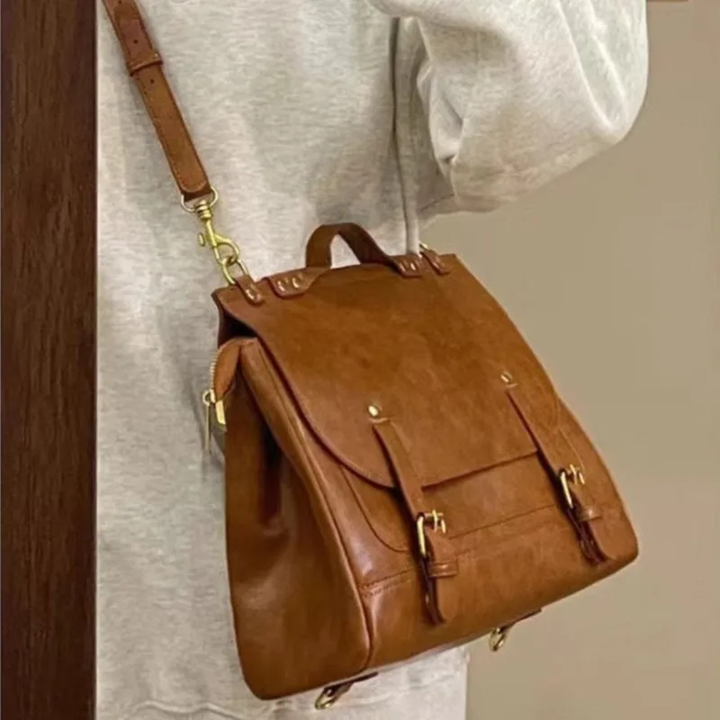 Retro Studded Backpack Women Academy Style Large Capacity Leather Messenger Bag Ladies High End Multi Functional Crossbody Bag