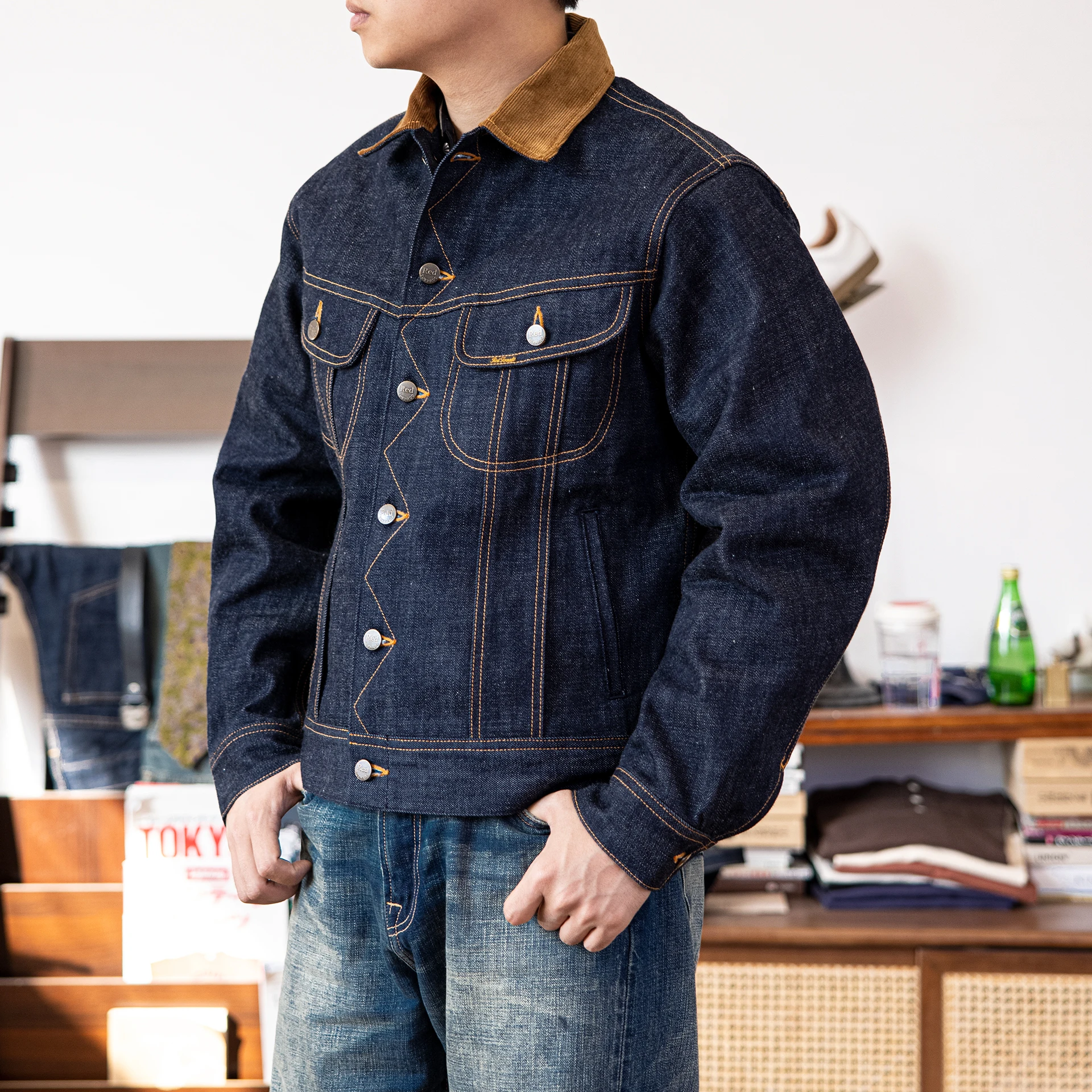 LE-0003 Big Size 18oz High Quality Cotton Denim Jacket Casual Stylish Unwashed Stormrider Coat 2
