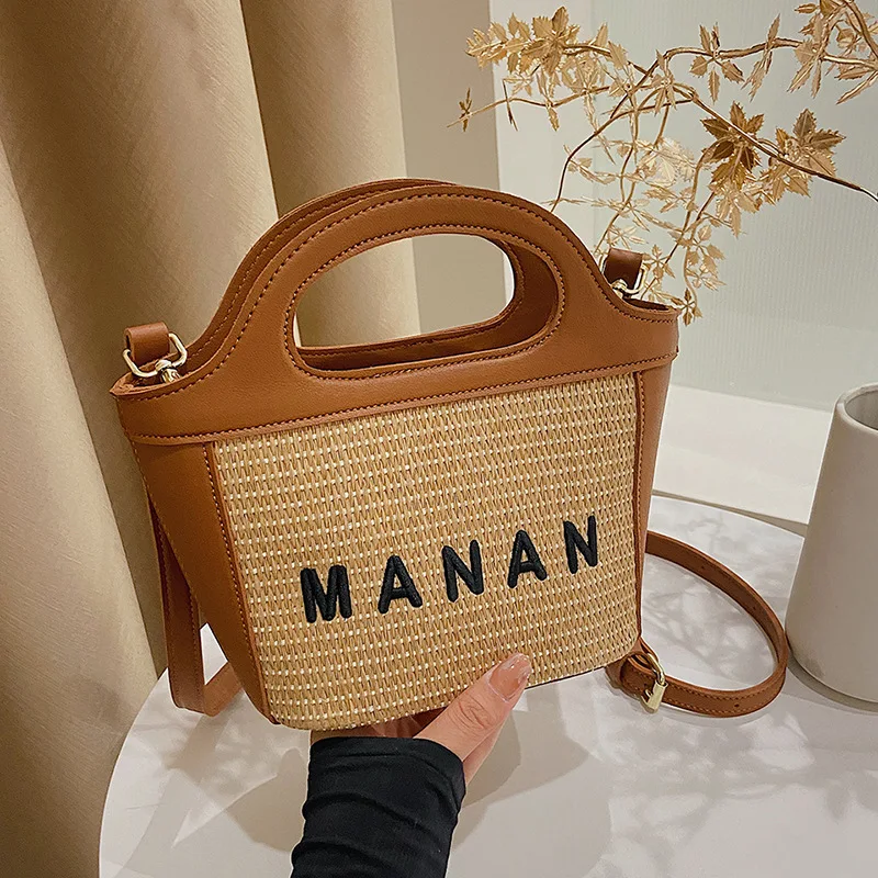 

Women New Woven Bag Fashion Straw Small Vegetable Basket Alphabet Bag Crossbodu Messenger Handbag Shoulder Bolsas Luxury Design