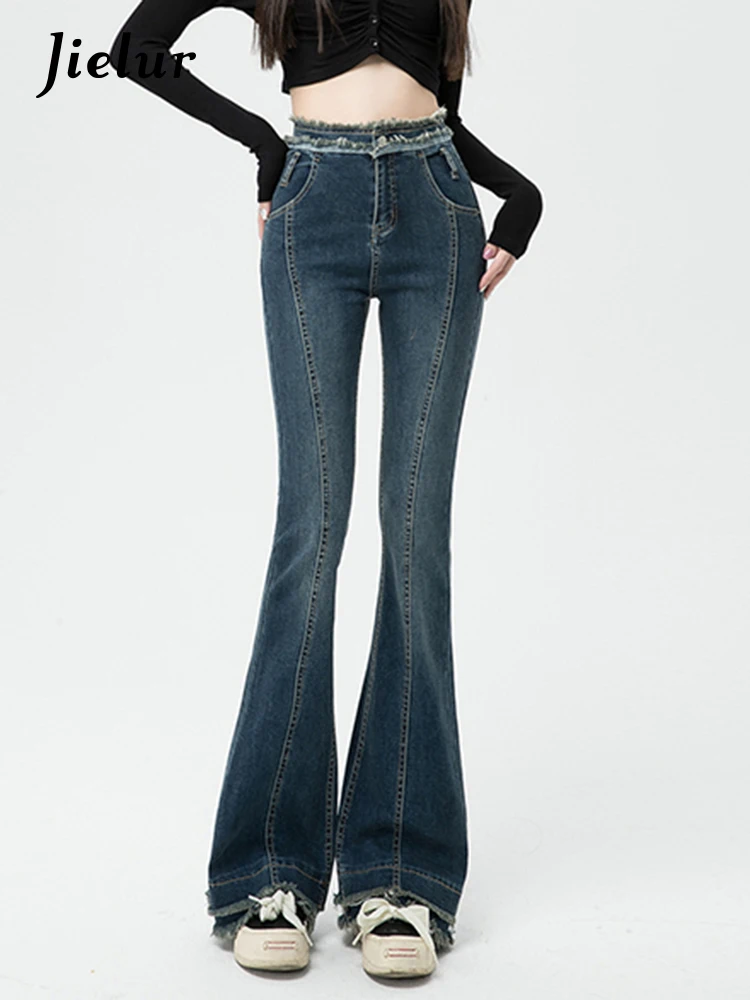

Jielur Vintage Slim Women Jeans Solid Color Fashion Female Flare Pants High Waist Blue Black Chic Zipper Button Sexy Streetwear