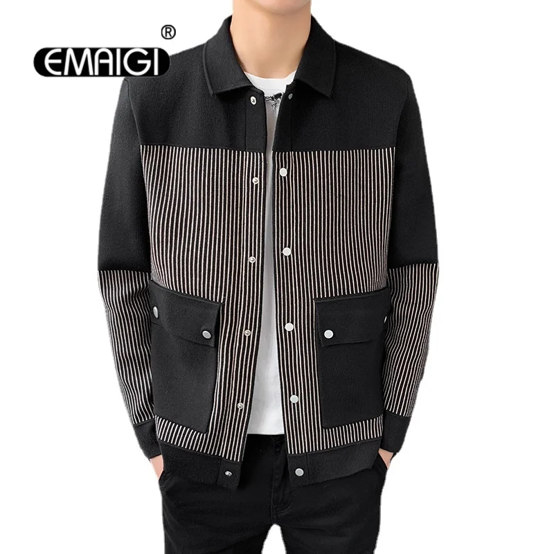 

Men Stripe Splice Black Fashion Casual Slim Fit Knit Short Sweater Coat Male Business Vintage Cardigan Sweater Jacket