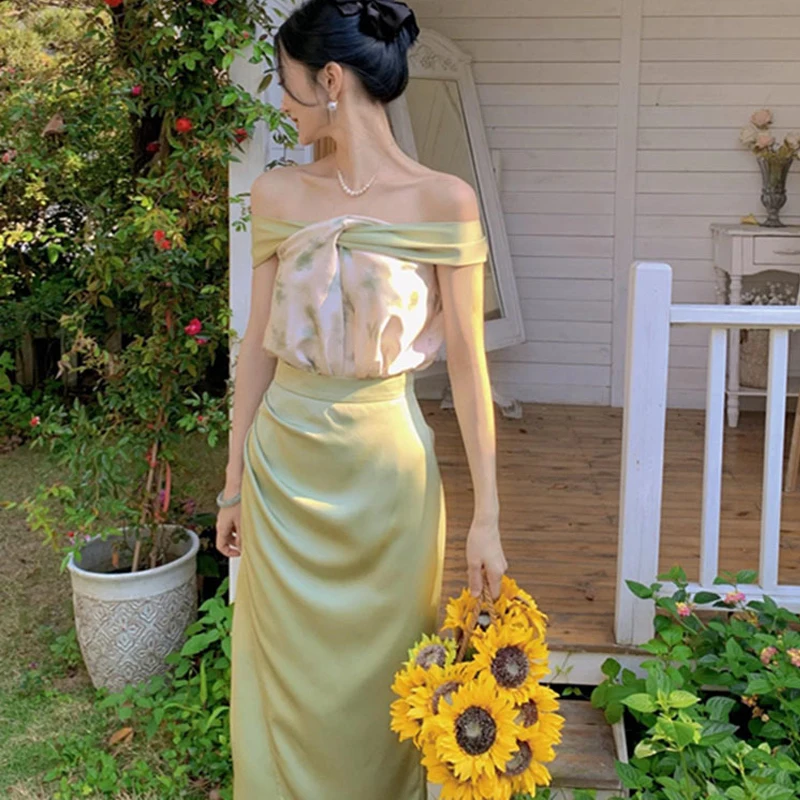 

Green Fresh One Shoulder Bra Top and High Waist Half Two Piece Set for Women, Unique Casual Dress, Summer, New