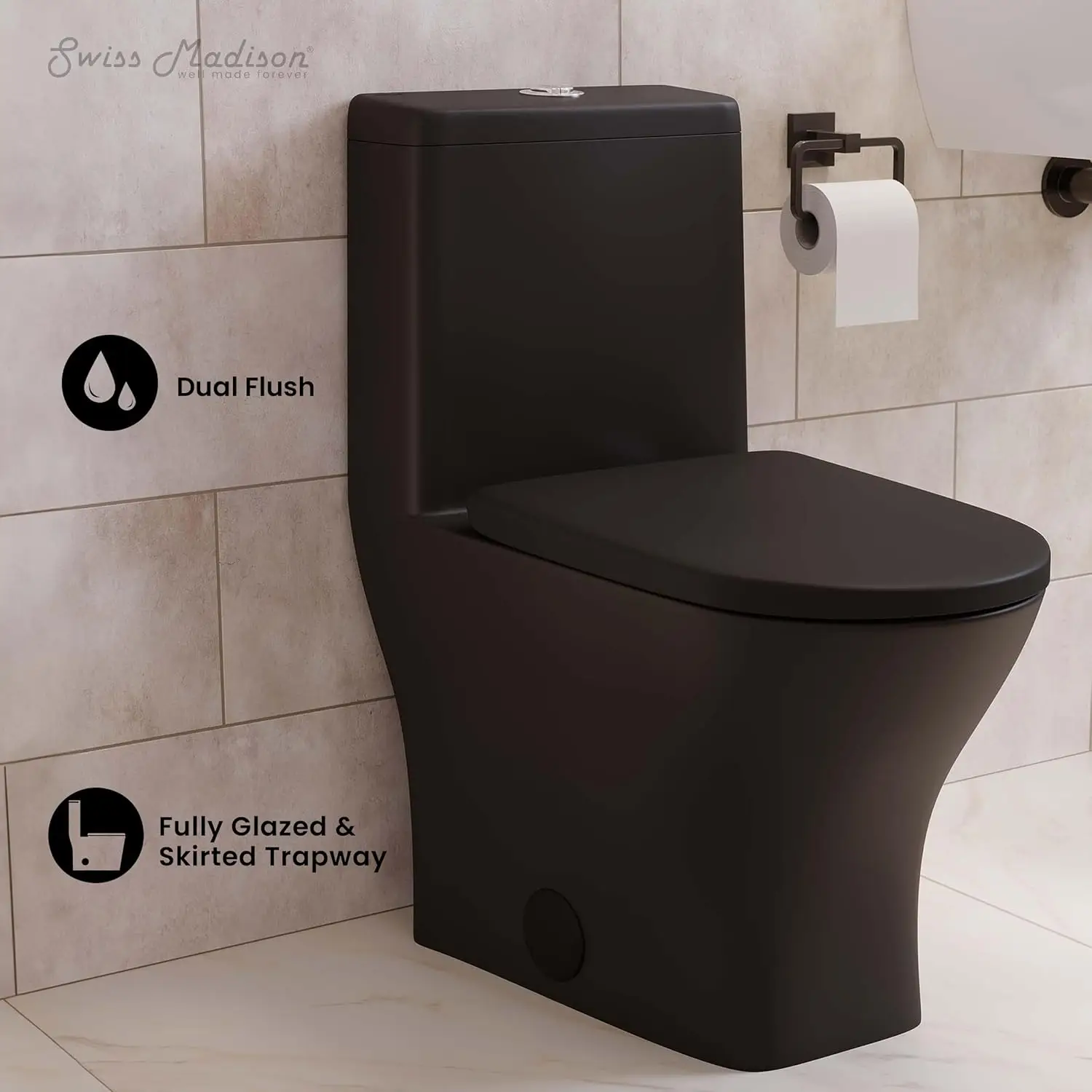 Sublime II One-Piece Round Toilet Dual-Flush 1.1/1.6 gpf in Matte Black Dual Flush Fully Glazed And Skirted Trapway 2