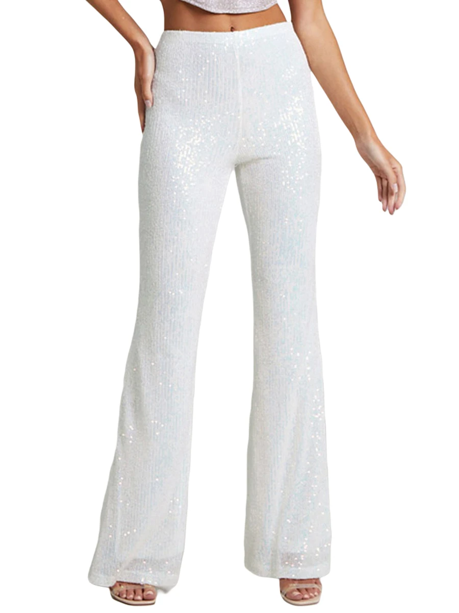 

Women High Waist Sequin Flared Pants Solid Color Elastic Band Skinny Trousers Y2k Casual Slim Fit Shiny Bell Bottoms