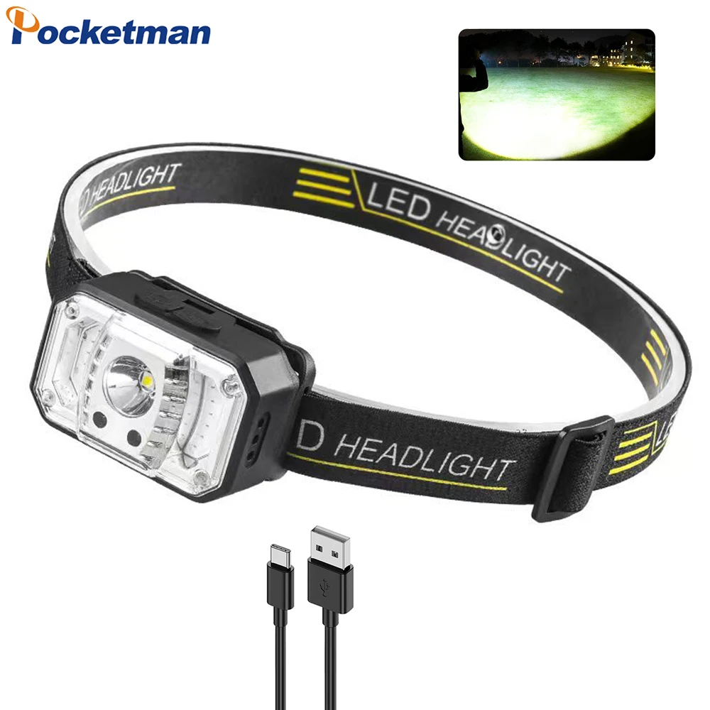 

IR Smart Motion Sensor LED Headlamp USB Rechargeable Headlight Outdoor Waterproof Head Lamp Induction Head Front Light