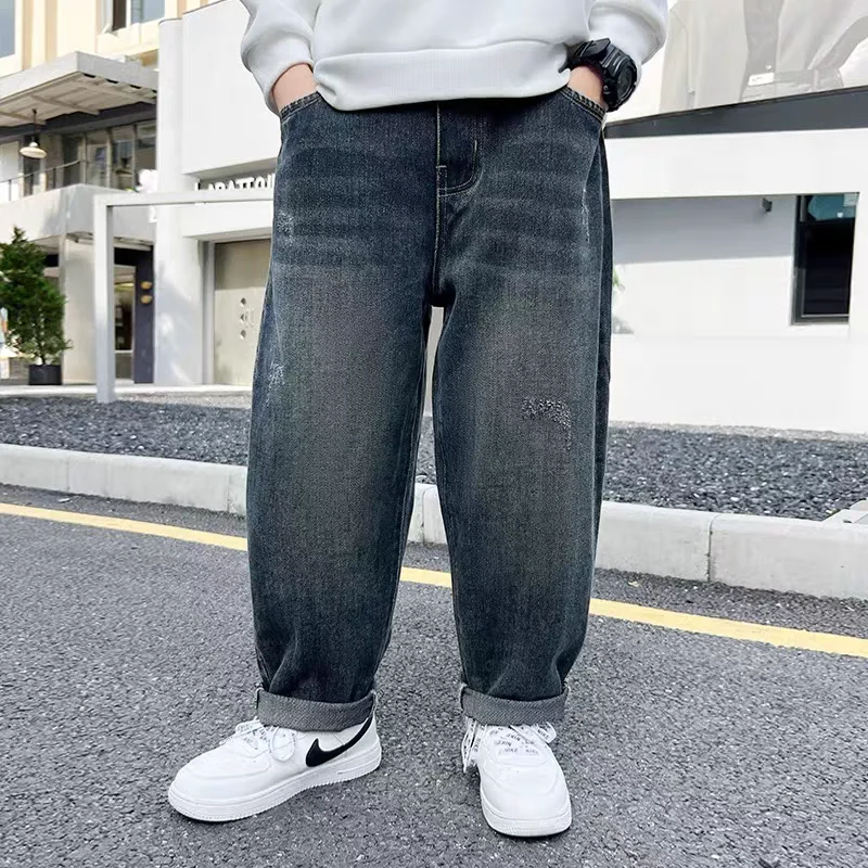 소년용 플리스 안감 데님 청바지 루즈핏 아동 중대형 사이즈 캐주얼 한국 스타일 봄 가을 바지