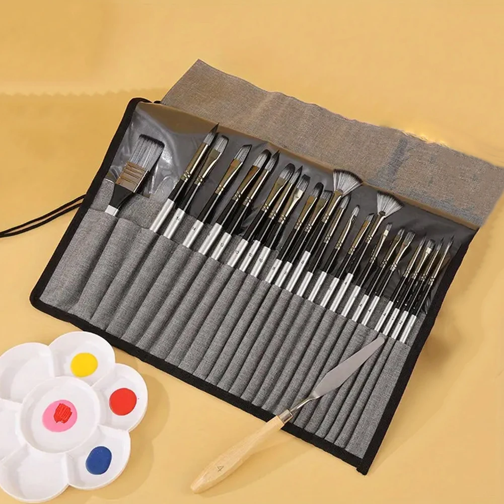 24pcs 나일론 브러쉬 세트 스크레이퍼가있는 아티스트 페인트 브러쉬 구아슈 수채화 브러쉬 나무 손잡이 아크릴 브러쉬 미술 용품