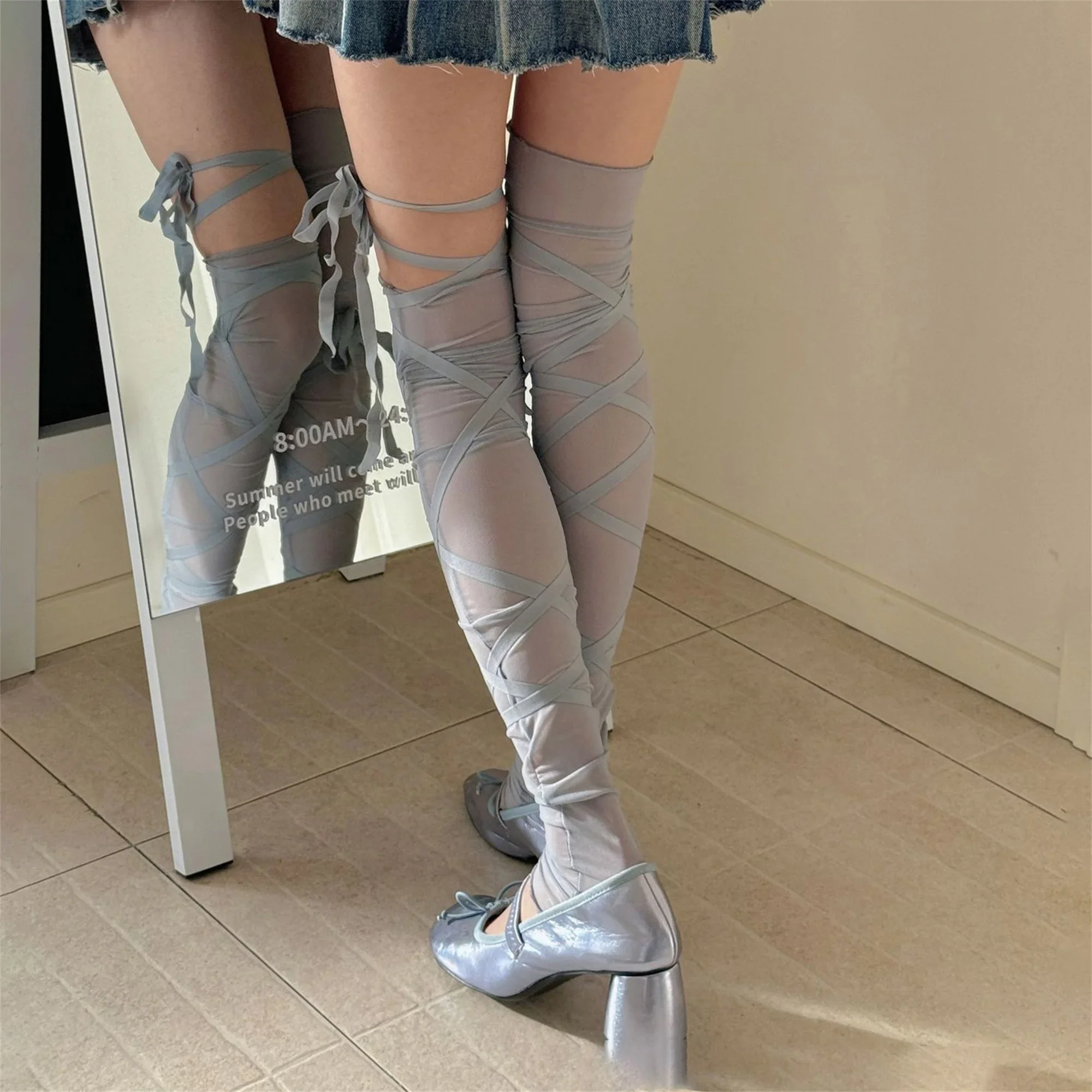 Tie-up Oberschenkel-hohe Beinlinge Strümpfe Frauen Mädchen Ballett Sheer Lange Socken Lolita Kawaii Atmungsaktive Dünne Lange Socken – Detail 6