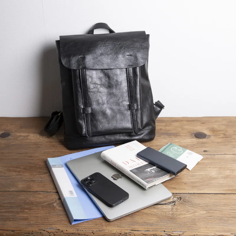 TopGrainTrove Men Head Leather Black Backpack