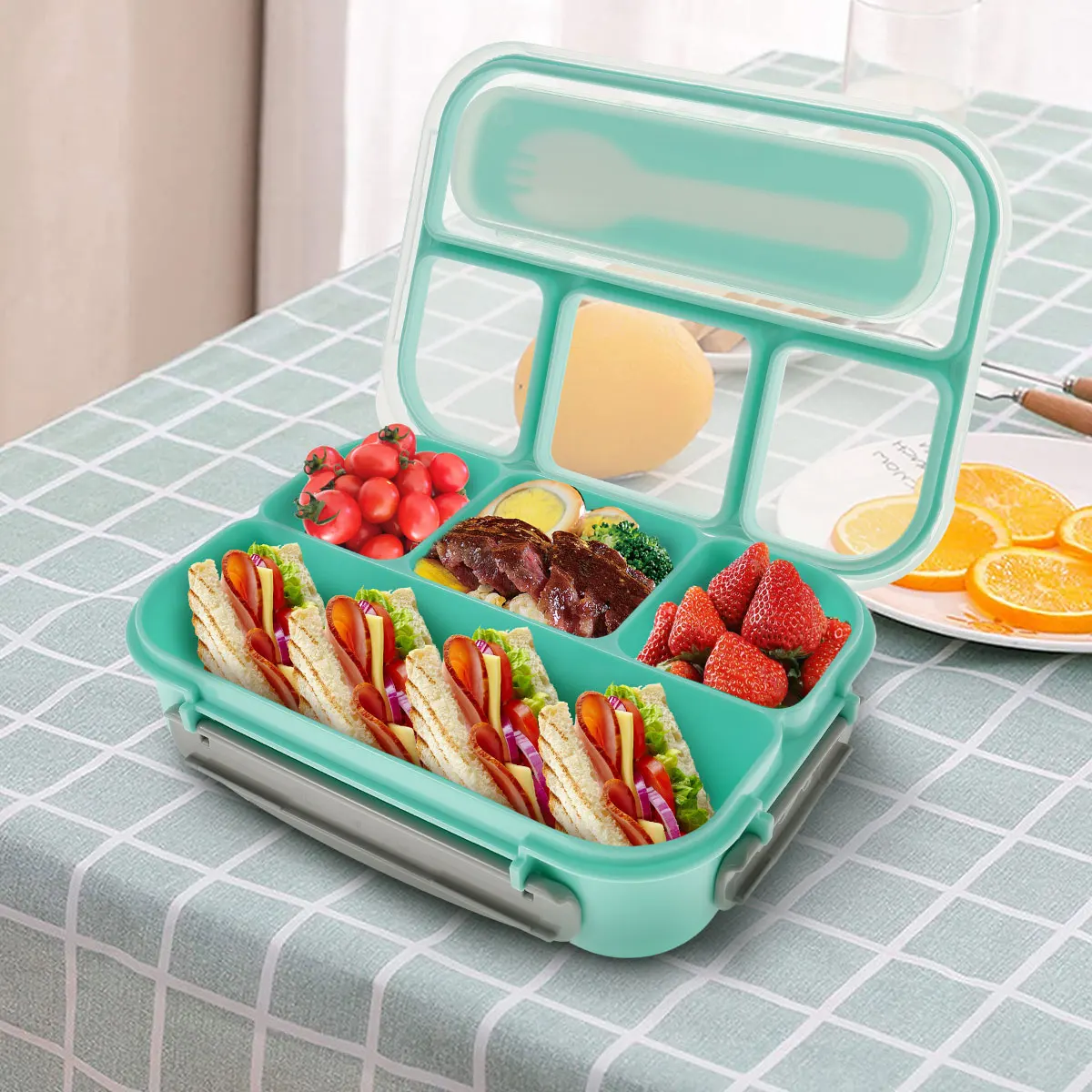 Bento Box 4 Scomparti Da 1300 Ml Con Posate E Vasetto Salsa – Lunchbox A Prova Di Perdite Per Microonde E Lavastoviglie