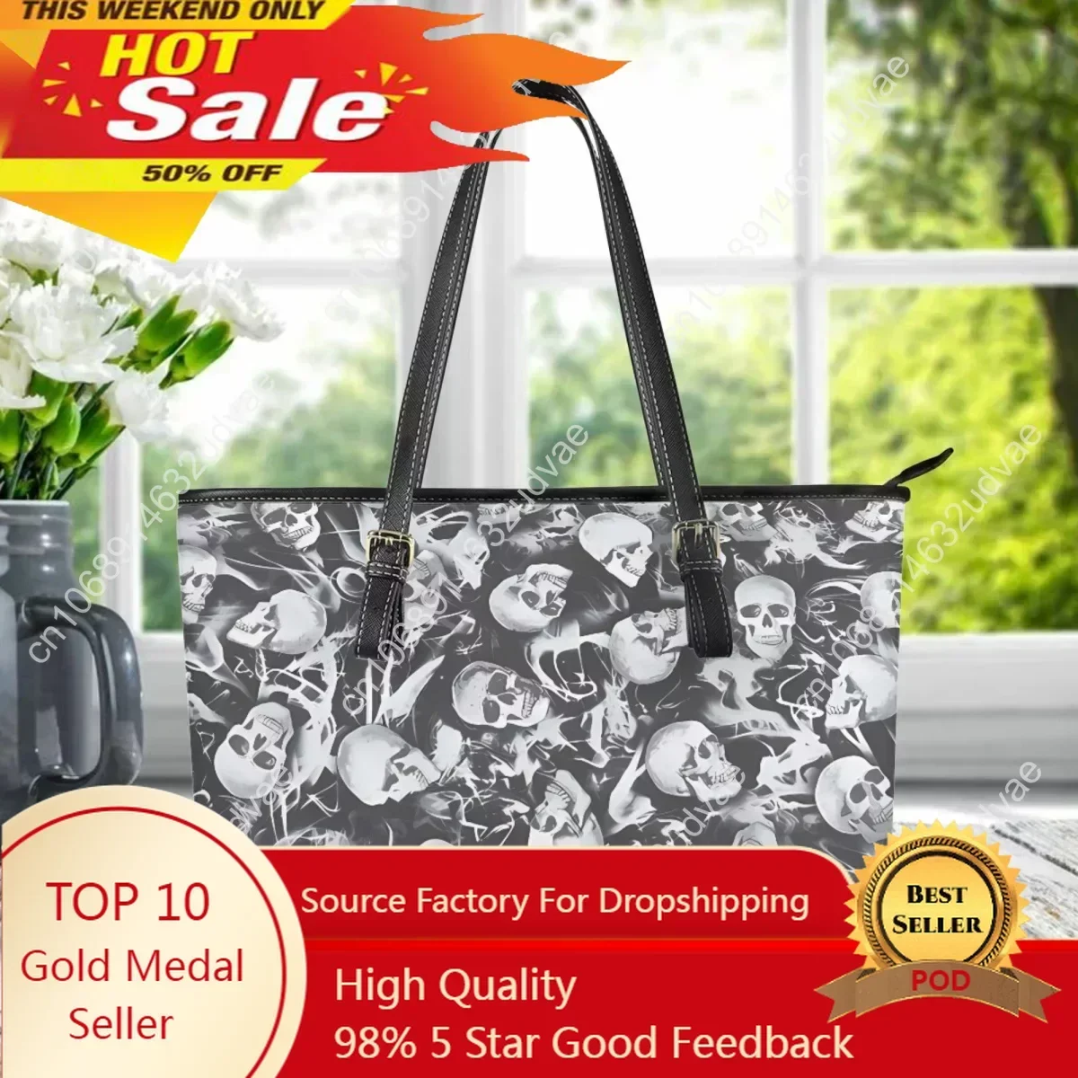 

Halloween Gift Horror Skull Zipper Leather Bag Ladies Commuting Daily Portable Large Capacity Totes New Top Handle Shoulder Bag