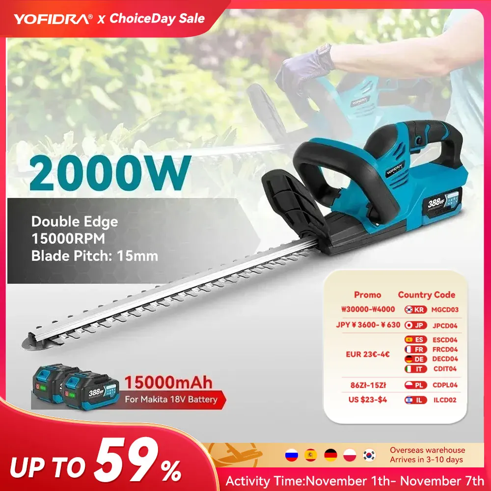 YOFIDRA Elektrische Heckenschere 2000W 15000RPM Rasenmäher Garten Landschafts Hecken Schneider Trimmer Werkzeug Für Makita 18V Batterie Pin