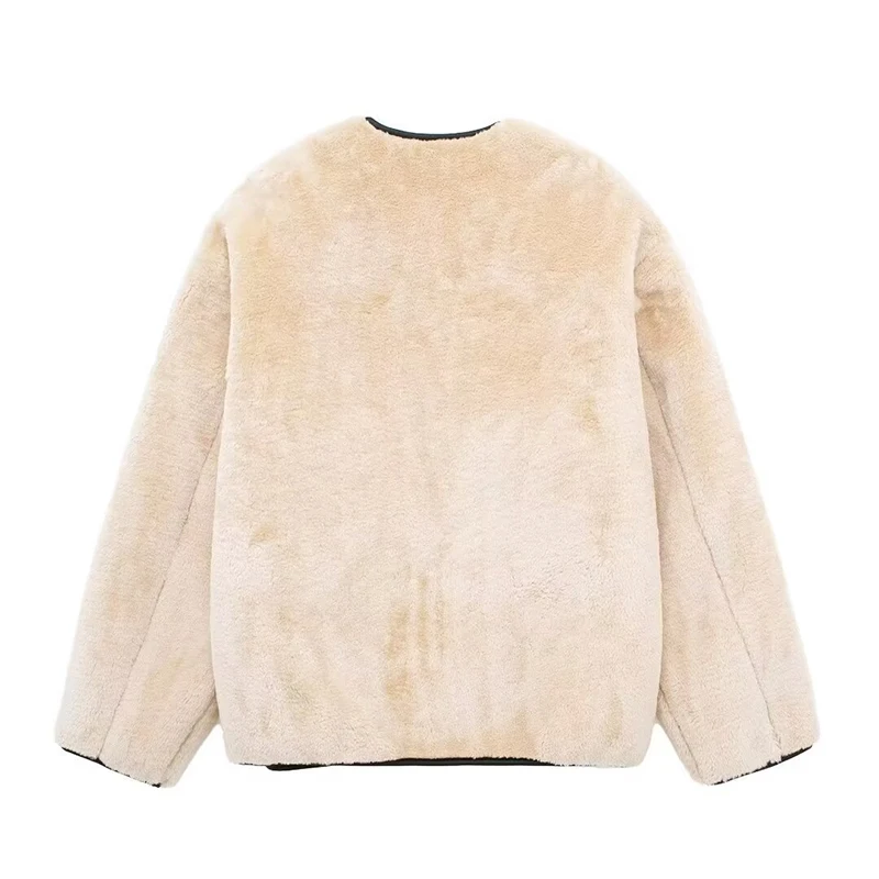 Vintage Lambs Wool Jacket For Women Loose Fleece O-neck Single Breasted Pockets Long Sleeve Fur Coat Autumn Winter Lady Outwear
