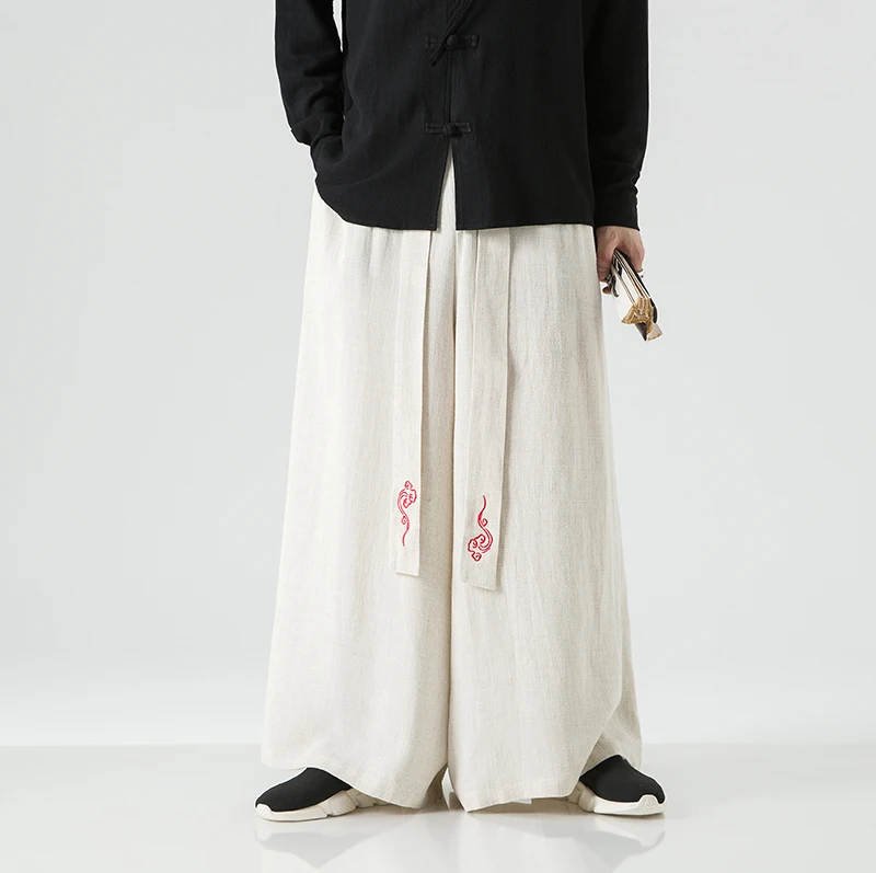 Fashion Men Linen Wide Leg Pants Joggers Male Streetwear Loose Solid Color Trousers High Waist Casual Cotton Pantalon M-5Xl