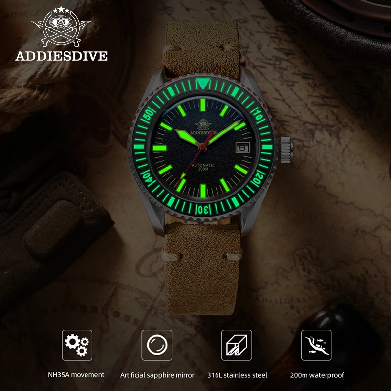 ADDIESDIVE AD2105 Men Watch Brown Leather Strap 200m Waterproof C3 Super Luminous NH35 Movement Automatic Mechanical Watch