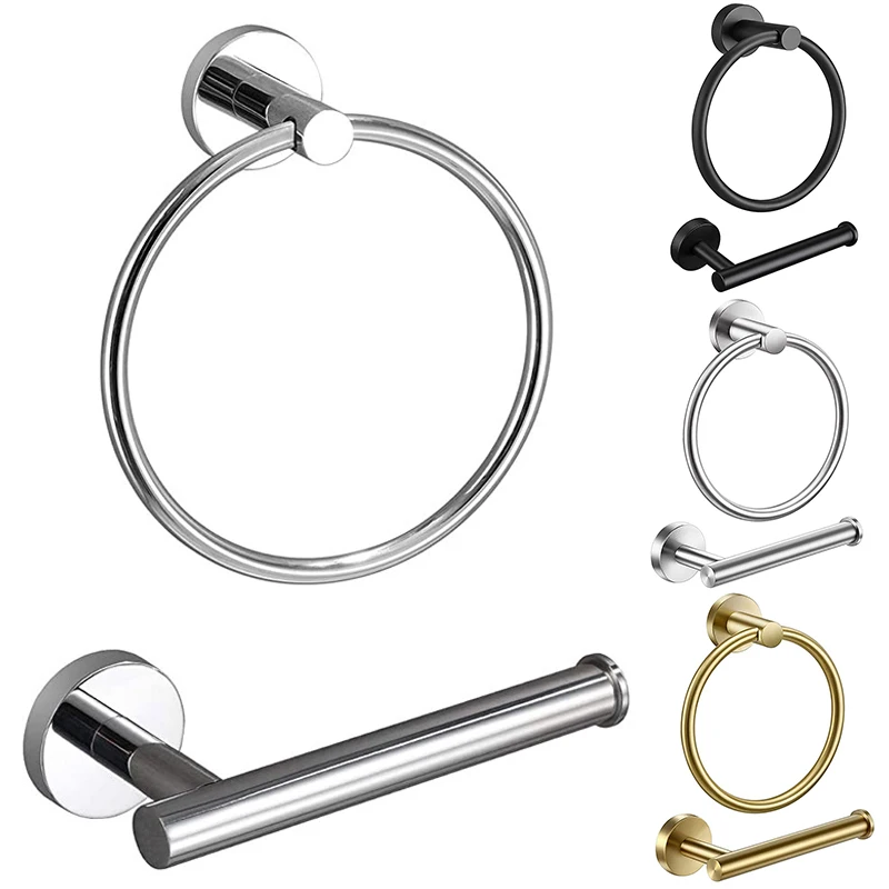 

2pcs Toilet Paper Holder Towel Ring Durable Stainless Steel Bathroom Storage Rack Wall Mounted Bath Hardware Bracket Kit