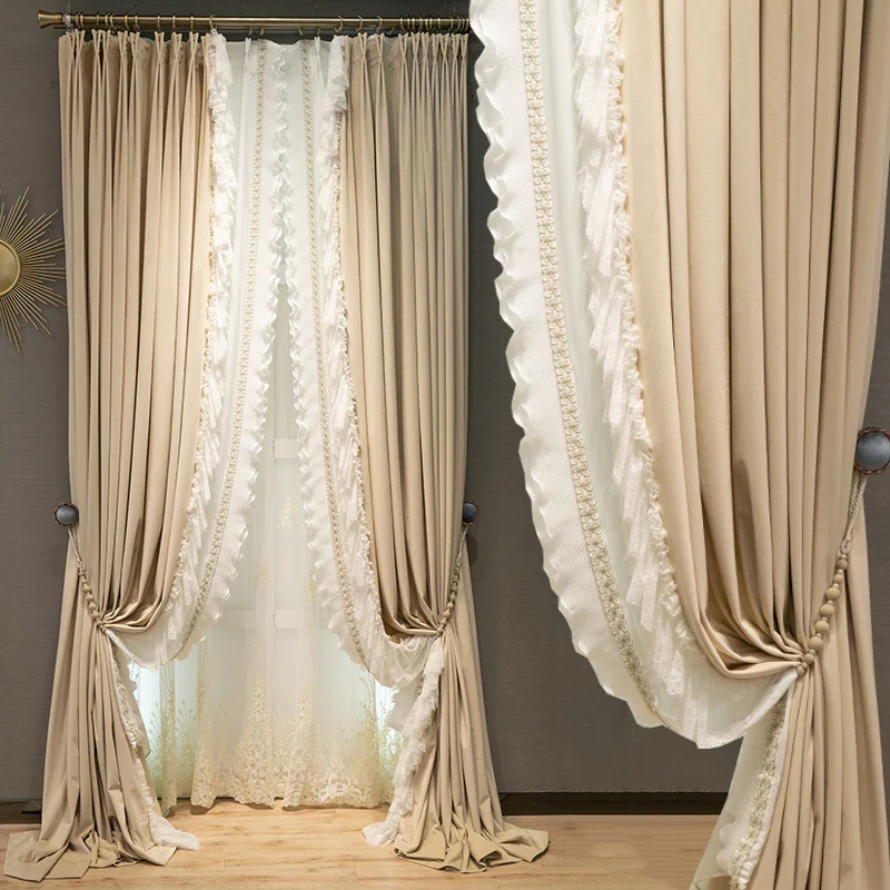 

French light luxury milk tea color velvet lace stitching living room bedroom curtains Curtains for Living dining room bedroom