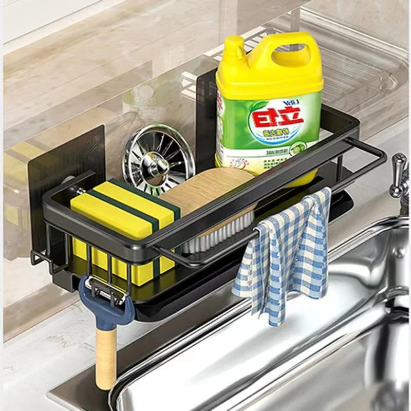 Aluminum Kitchen Storage Rack No-drill Sink Drain Rack Self-draining Sink Shelf Sponge Holder Dishcloth Towel Rack Filter Basket 2