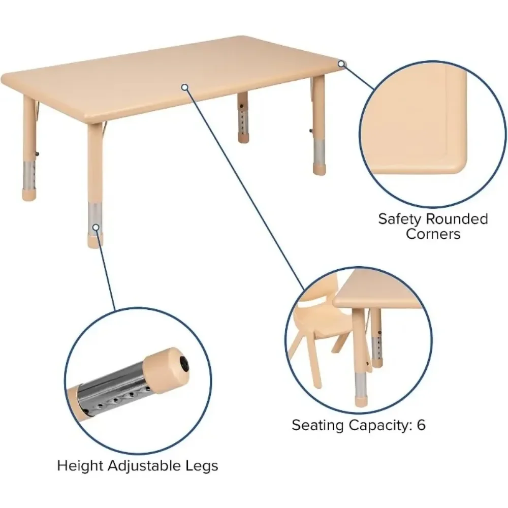 Adjustable Classroom Activity Table with 6 Stackable Chairs, Rectangular Plastic Activity Table for Kids, 24" W x 48" L, Natural 3