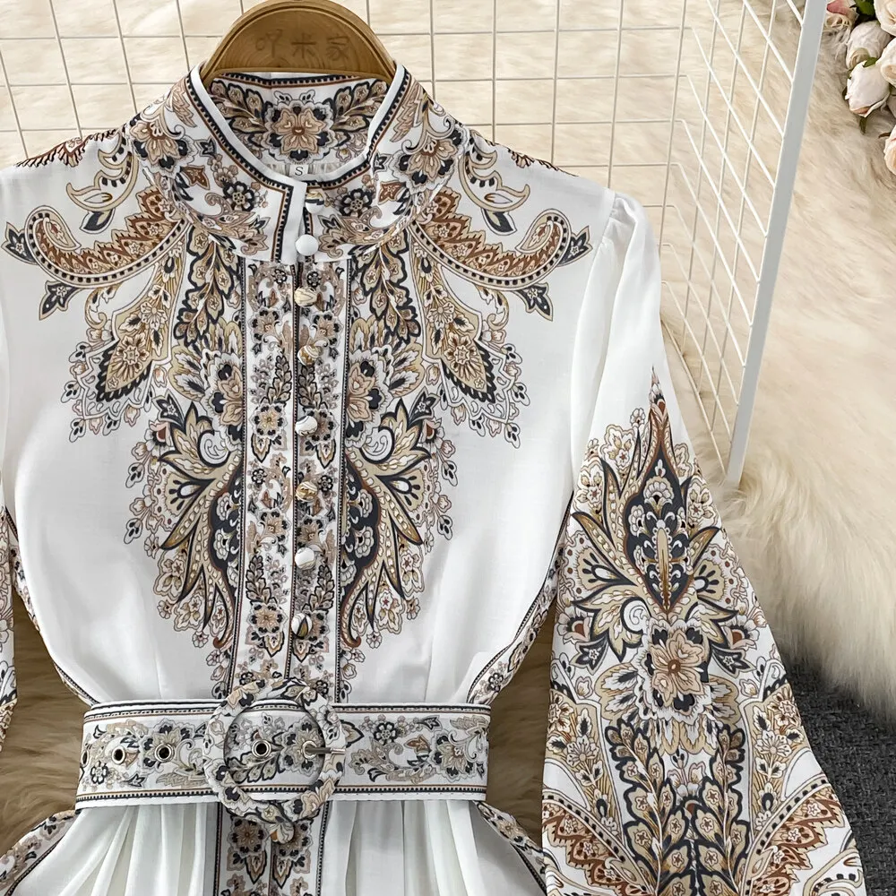 Women Vintage Long Dress Fashion Print A-line Ruffled Elegant Floral Party Dresses Ladies Long Sleeve Casual Long Robe Vestidos