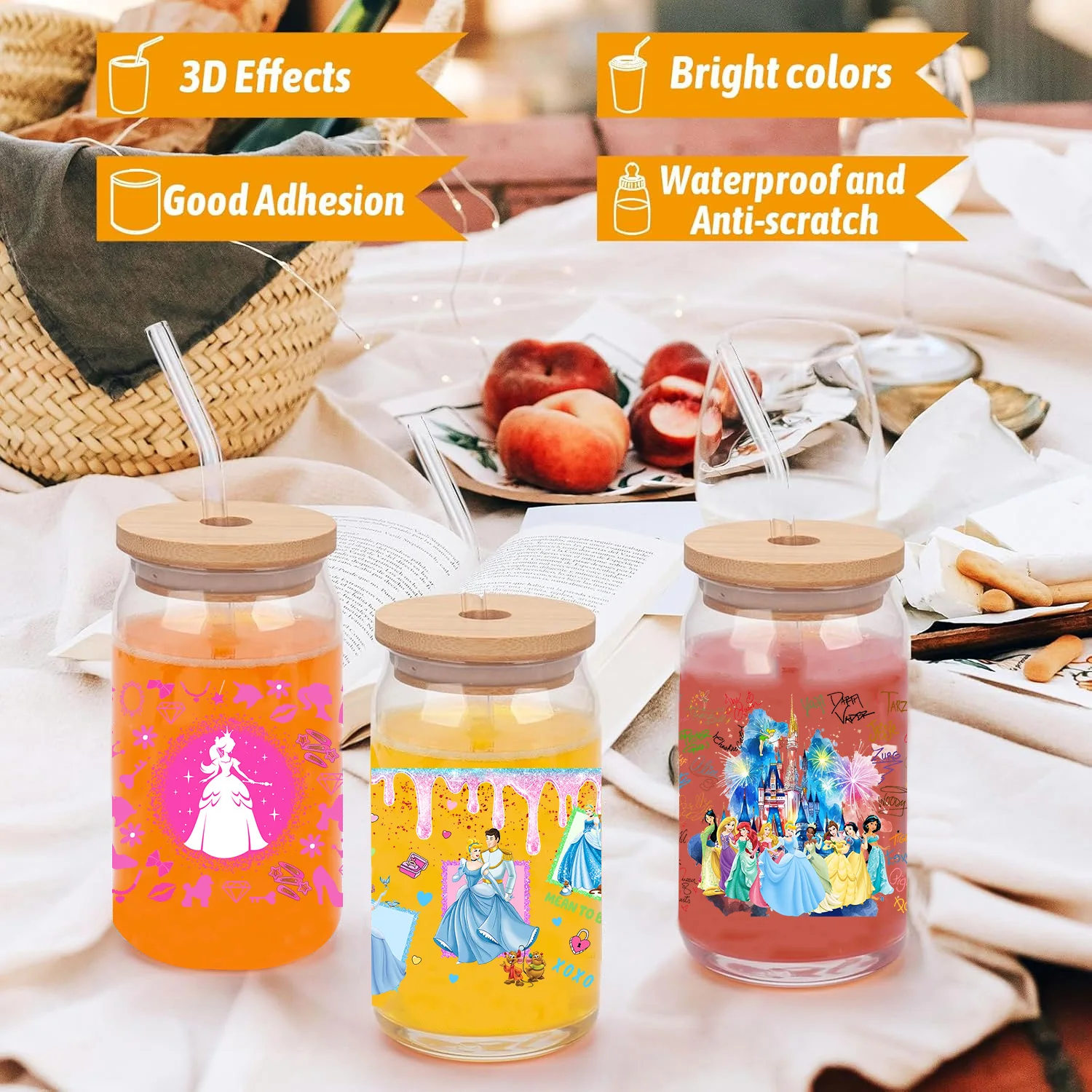 3D Stickers Cup Wraps 3D Wall Stickers UV DTF Wrap Transfer Movie Princess Series Easy peel waterproof DIY Decals 3D transfers uvdtf crystal stickers 16oz uv dtf tumbler cup wraps sticker