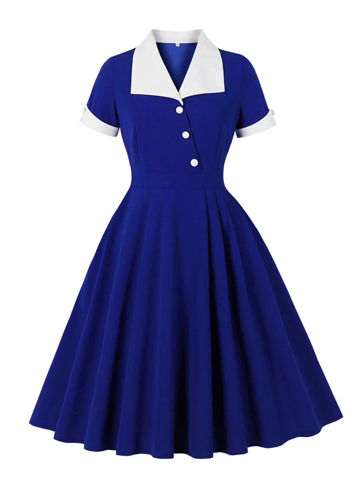 Tonval Kontrastkragen, schräge Knöpfe vorne, Sommer, Frühling, Vintage-Kleidung für Frauen, elegante formelle Anlässe, 1950er-Jahre-Midi-Kleider – Detail 4