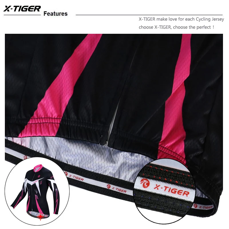 Women Sports T Shirt X-TIGER Women's Winter Cycling Jersey 5-10℃ Outdoor Sports Warm Fleece Fabric Long Sleeve Sportswear with Back Storage Pockets
