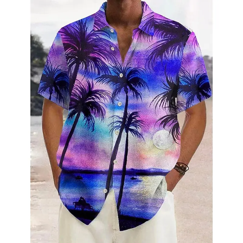 

Hawaiian Shirt Men's Pattern Summer Coconut Tree Lapel Street Casual Short Sleeve Button Colorful Beach Blue Cotton Tropical