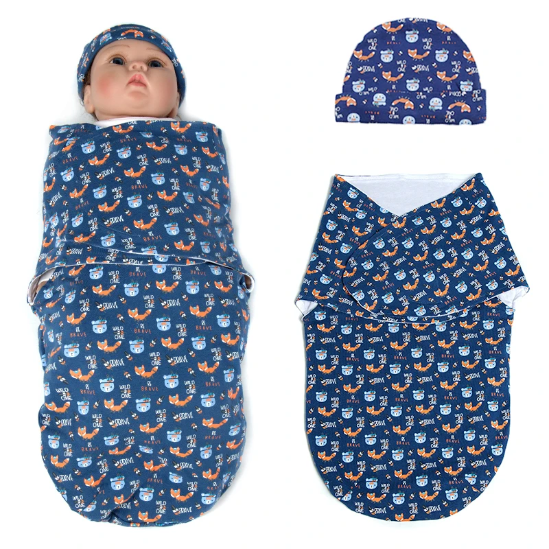 

100% Cotton Baby Swaddle Wrap with Hat Set for Infant Adjustable Newborn Sleeping Bag Sleepsack for 0-3 Month