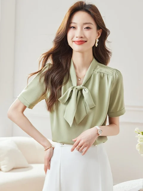 Blusas femininas de verão com laço e gola V