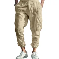 Pantalon ample à cordon de serrage en coton et lin, attache multi-poches, pieds noués, monochromatique, transfrontalier, Amazon 5