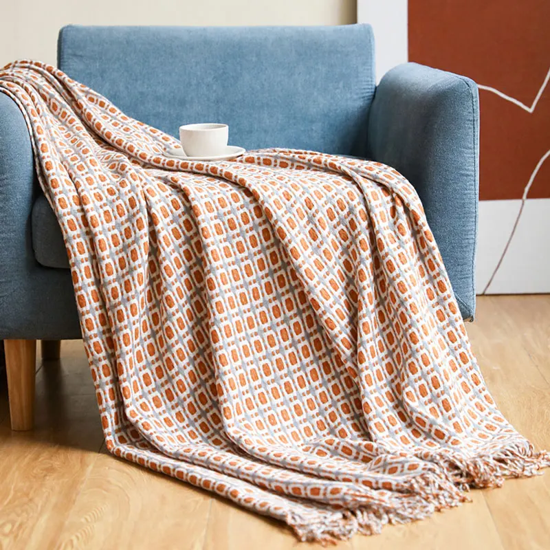 

Nordic Knitted Checkered Throw Blankets Bedspread Knitting Tassels Plaid Tassels Sofa Sheet for Summer Knitted Summer Shawl Sofa