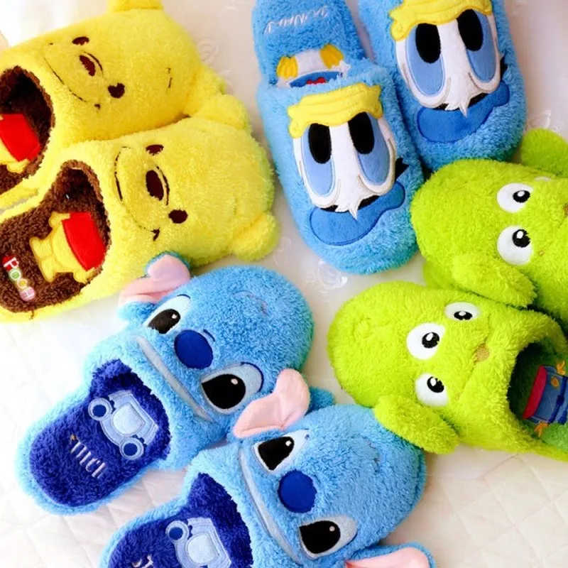 

New Disney Stitch Plush Slippers Men Women Winter Warm Non-slip Indoor Slippers Cartoon Fluffy Home Cotton Shoes Couple Gift