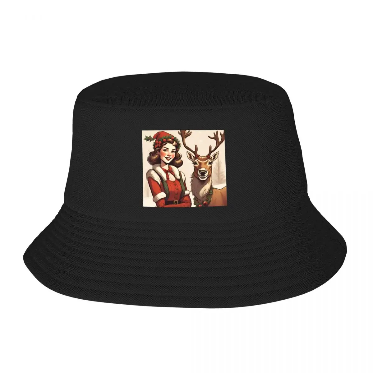

Vintage Christmas Girl and Reindeer Bucket Hat Golf Cap fashionable Hip Hop Hats Golf Hat Men Women's