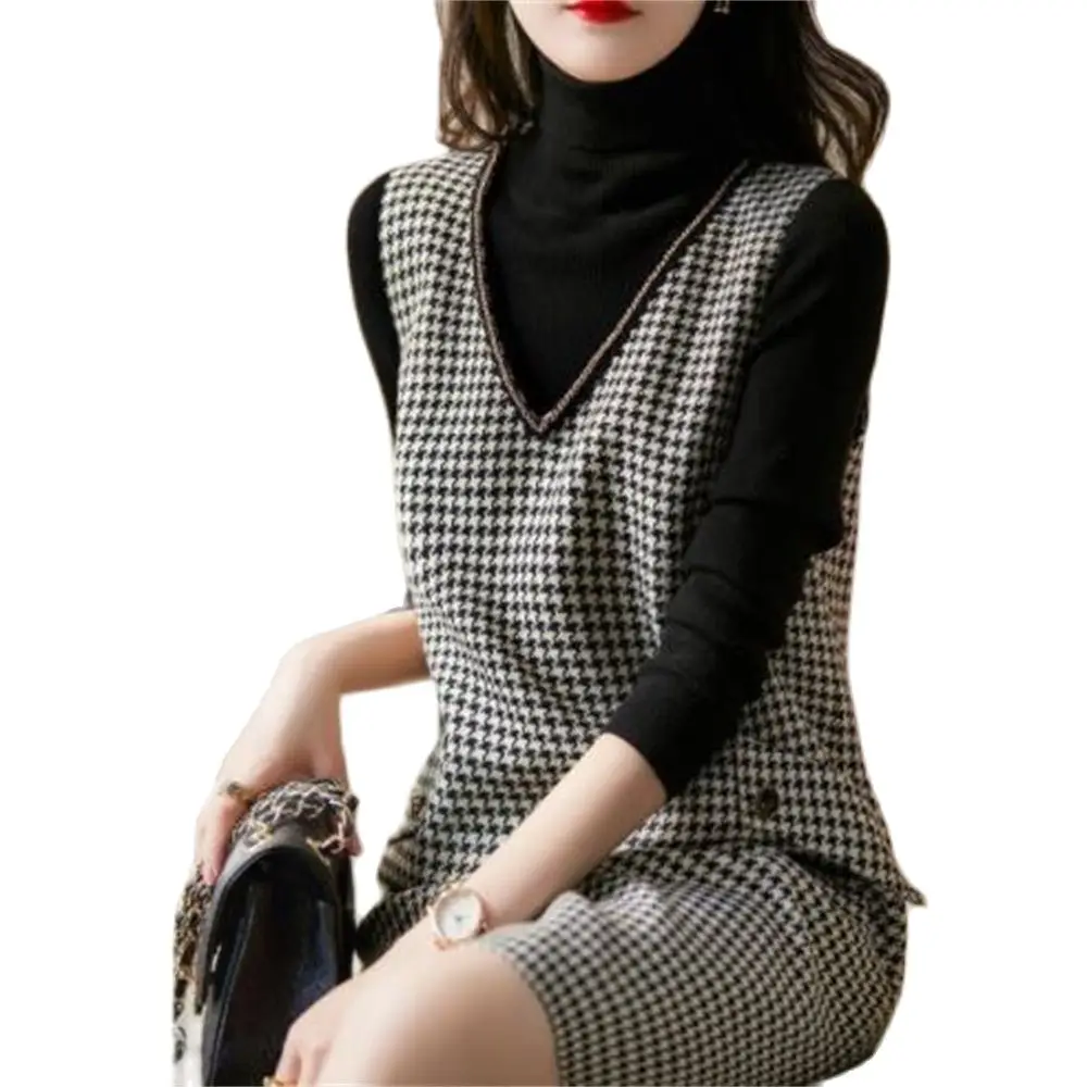 

Houndstooth Woolen Vest Dress Autumn Winter Woman'S Clothing Slim Mid-Length Sleeveless Woolen Woman'S Gown Straight Dresses