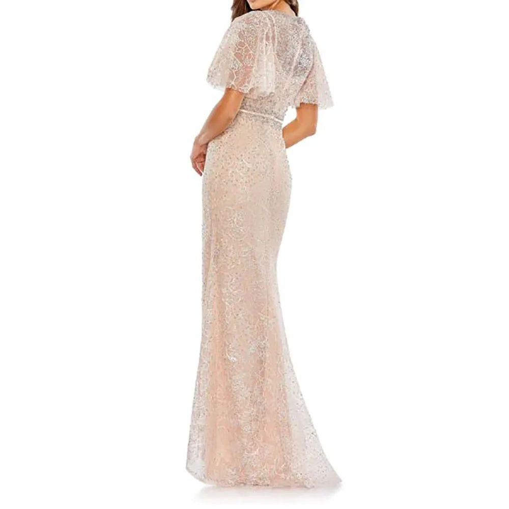 Customize Bateau Neck Short Sleeves Lace Beaded Satin Belt Full Length Sweep Train Mother of the Bride Dress