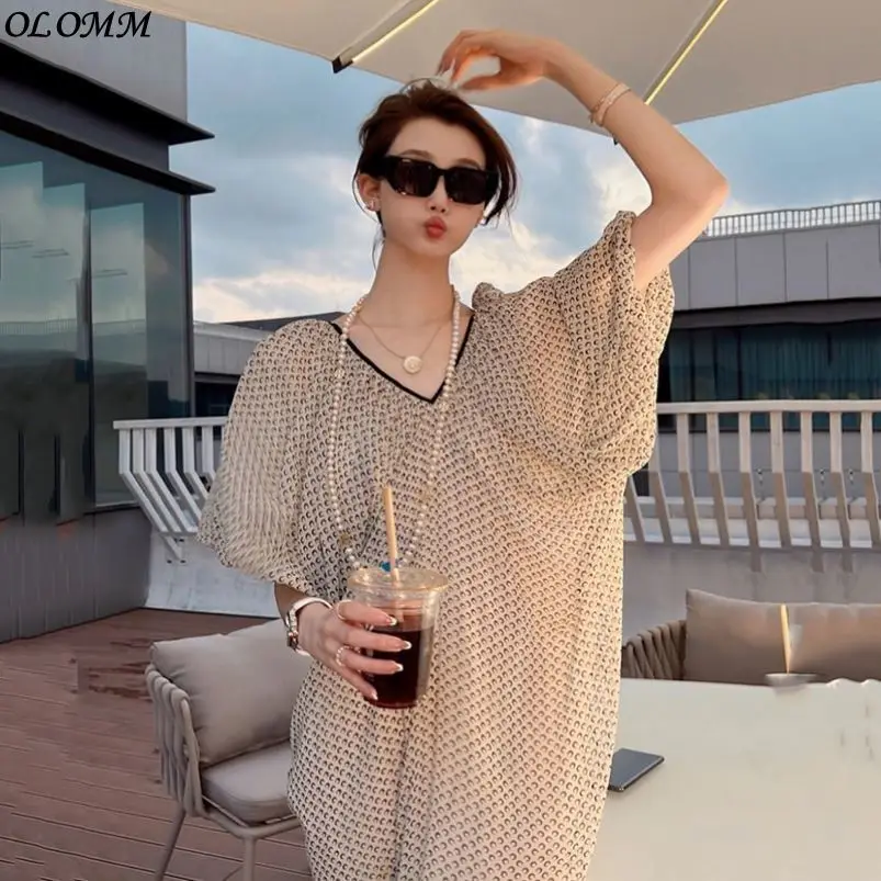 

Fat Mm 150kg Light Luxury French Bubble Sleeve V-neck Floral Long Party Dress Female Summer Oversize Streetwear Vestido Casual