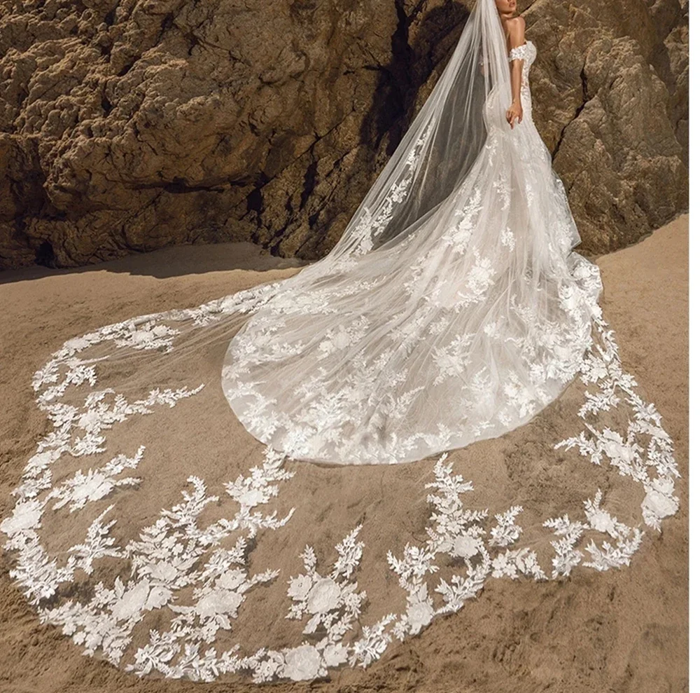 Velo da sposa cattedrale velo pizzo Applique Trim livello 1 merlato
