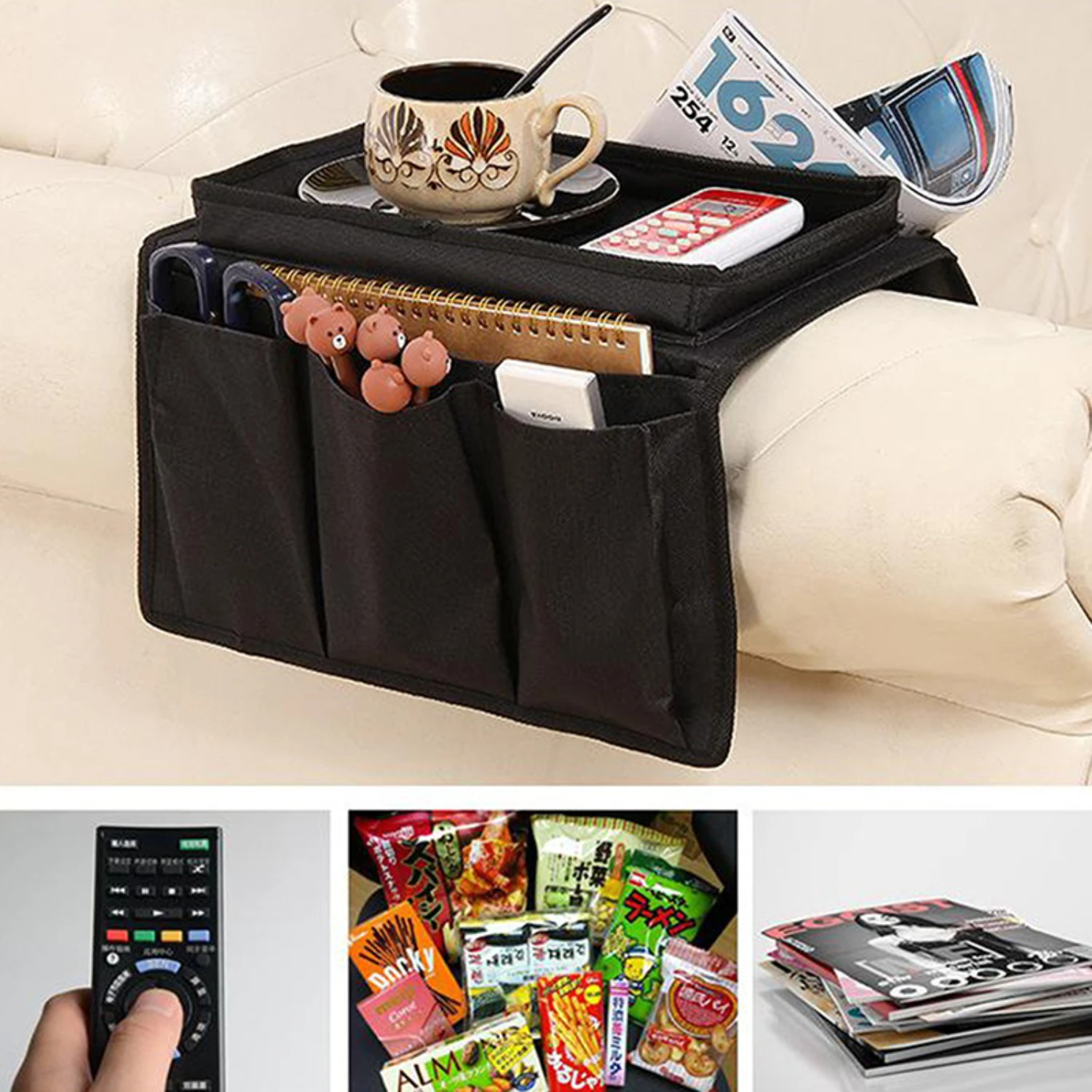 Armrest Organizer for Sofa/Couch with 4 Pockets, Cup Holder Tray-TV Control, Cellphone Bag-Armchair Hanging Organizer
