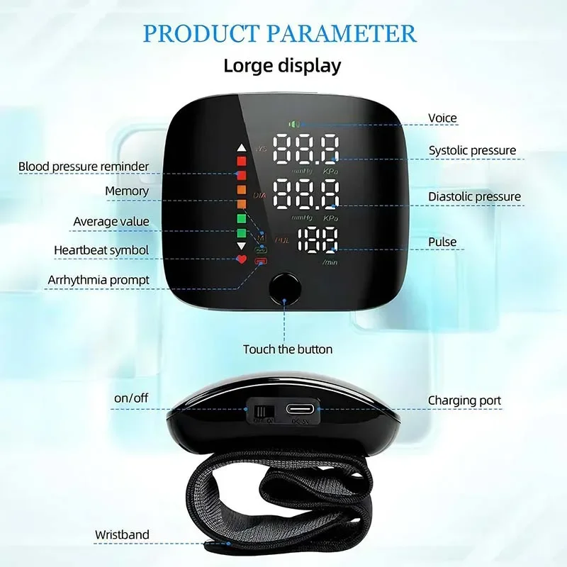 BP Monitor Touch Screen LED Rechargeable Wrist Blood Pressure Monitor Russian / Arabic / Spanish Voice Broadcast Tonometer blood pressure monitor blood pressure meter