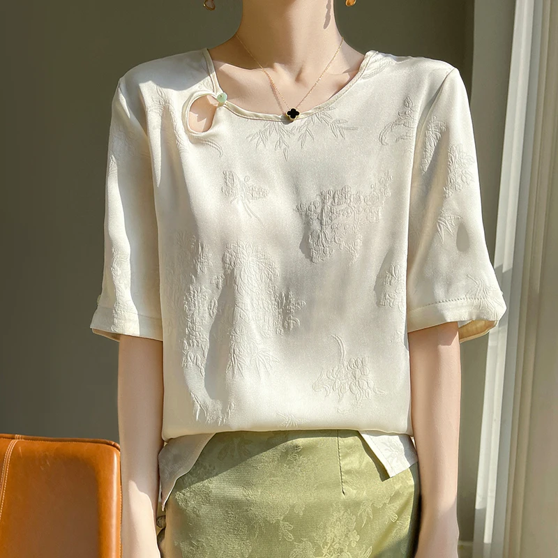 

Футболка RONGYI женская с коротким рукавом, пуловер с круглым вырезом, однотонный Гладкий Атласный топ с шарфом, Топ в стиле Джокера, на лето