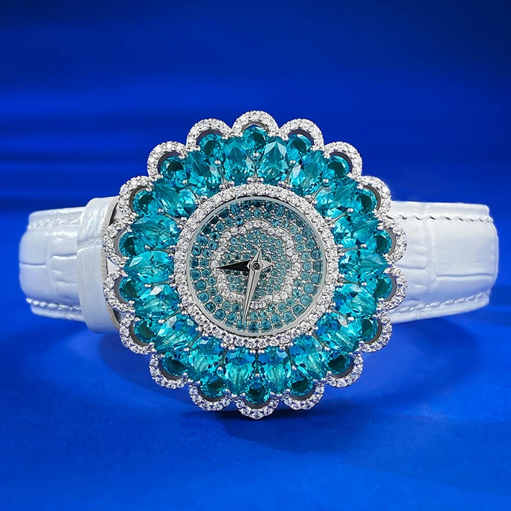 Wong Rain Luxury 38MM Quartz Watch Wristwatches Stainless Steel Paraiba Tourmaline Full Diamonds Gemstone Dial Clock Top Quality