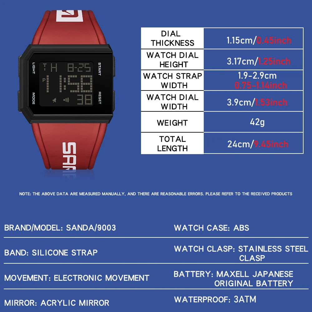 SANDA Men's Square Dial LED Digital Chronograph Sports Watch