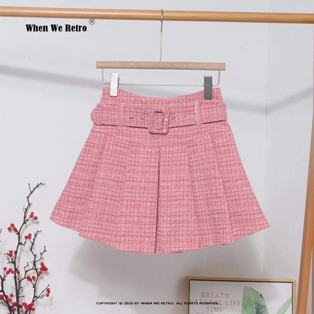 

Pink White Black Tweed Mini Pleated Skirts Faldas Mujer Women Fragrance Sashes Chic Vintage Sexy Preppy Belt A-line Skirt RS187